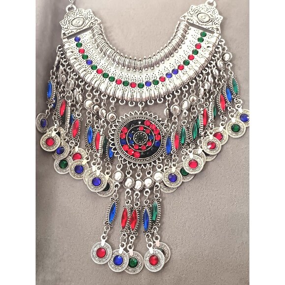 Bohemian Silver Statement Necklace With Multicolor Gem Accents & Dangle Coins - Picture 5 of 6